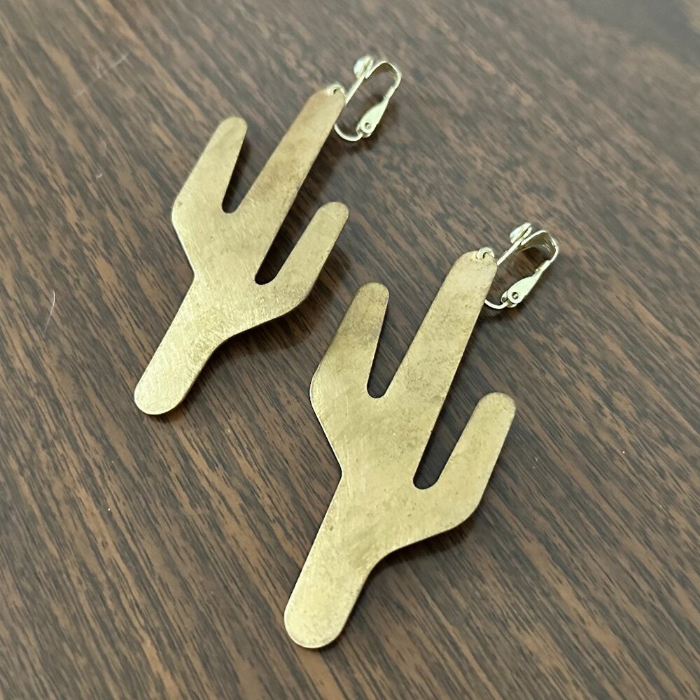 Brushed Brass Saguora Cactus Clip-On Earrings